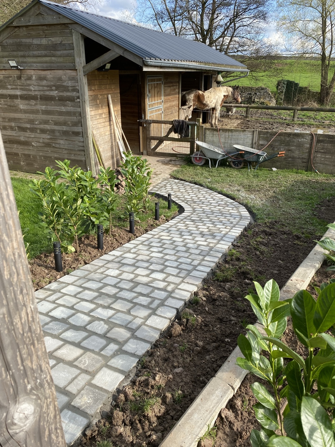 Allée de jardin courbe en pavés terminée